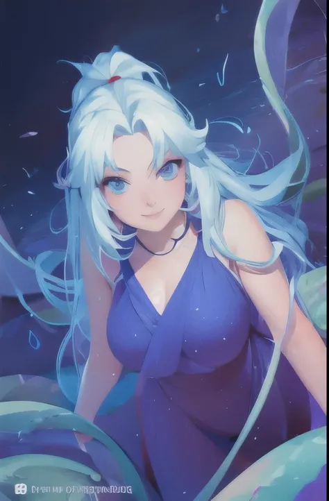 anime girl with long white hair and blue body holding a snake, her many snakes as hair, white haired deity, anime character; full body art, detailed fanart, loish art style, tentacles around, some tentacles are touching her, porcelain skin. studio ghibli, ...