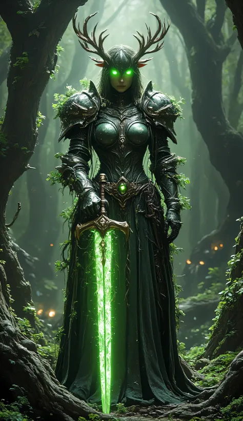 Fierce sexy female knight in armor woven from living vines and ironwood, helmet crowned with antlers and glowing emerald eyes. Swinging a Verdant Scythe dripping with sap, surrounded by a sentient forest of twisted trees with black iron thorns. Bioluminesc...