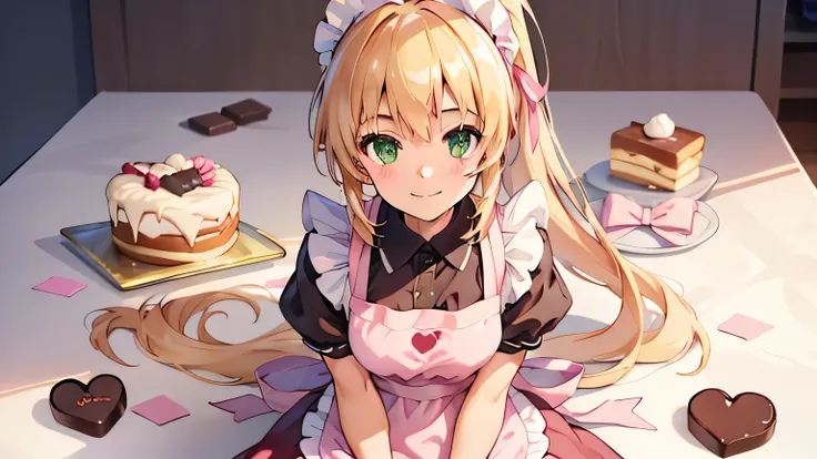 Blonde　 long hair　 green eyes　 ponytail　smile　 cute girl　 1 girl in the best　Brown clothes　white ruffle apron　 Patissier　 pink ribbon　 Pink Shoes 　 high resolution,  smiles,  headpiece, リボンヘアアクセサリー, accurate,  best quality,  anatomically correct, solo　Sing...