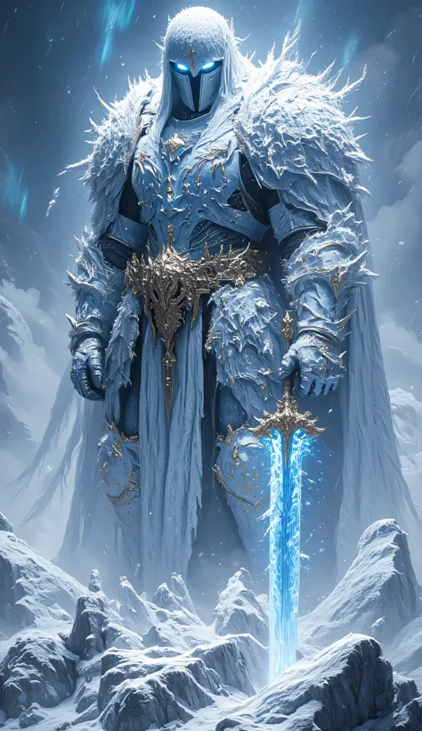 Imposing knight in glacial blue-white armor encased in eternal ice, helmet visor frosted over with jagged crystals. Holding Glaciespire, a frostbitten spear that freezes the air around it, standing atop a crumbling glacier. Auroras shimmer in the blizzard ...
