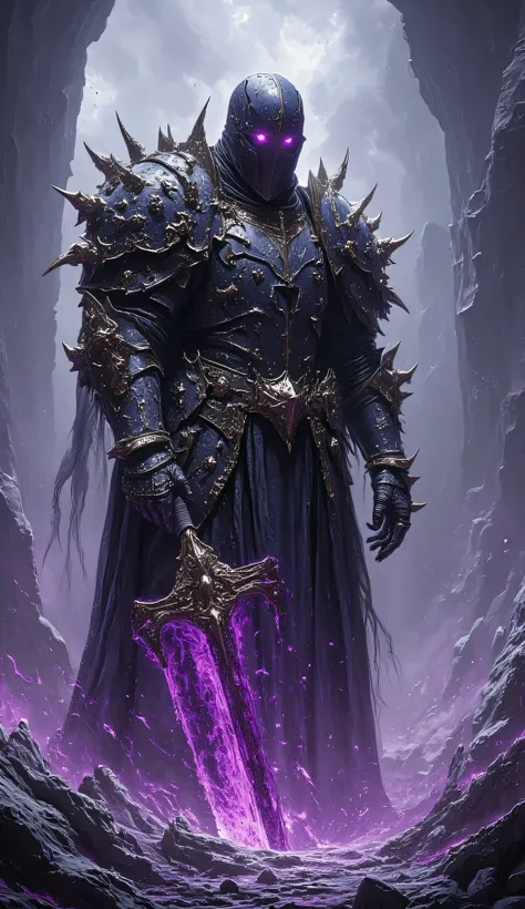 Menacing knight in jagged obsidian armor crackling with dark energy, helmet visor split by glowing violet fractures. Gripping the Crucible Cleaver, a serrated axe oozing black acid that corrodes the ground. Standing in a desolate crater under a storm-wrack...