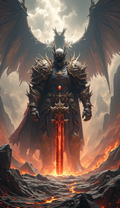 Towering knight in draconic armor fused with crimson scales, helmet shaped like a roaring dragon’s skull. Wielding the Fang of Ignarion—a jagged greatsword ablaze with dragonfire—amid a volcanic wasteland. Smoke and embers swirl around him, with the silhou...