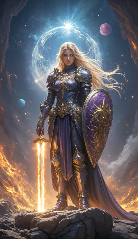 Sexy female commander in celestial armor forged from shimmering starmetal, crown levitating above her head, long majestic blonde hair, eyes glowing with constellations, pauldrons shaped like crescent moons. Wielding a Starfire Glaive trailing comet-like fl...