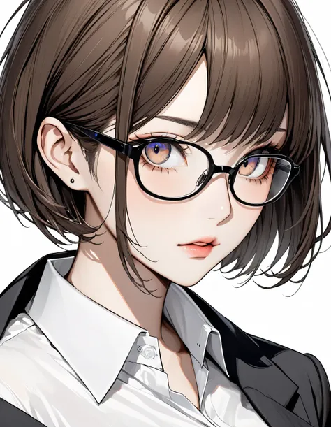   surreal,  Beautiful Japanese Woman,  Office Lady,  white shirt, Black-rimmed glasses:1.1, Detailed Color,  detailed eyes,  pixie cut hair:1.21,  thick brown hair :1.21,  simple white background , 