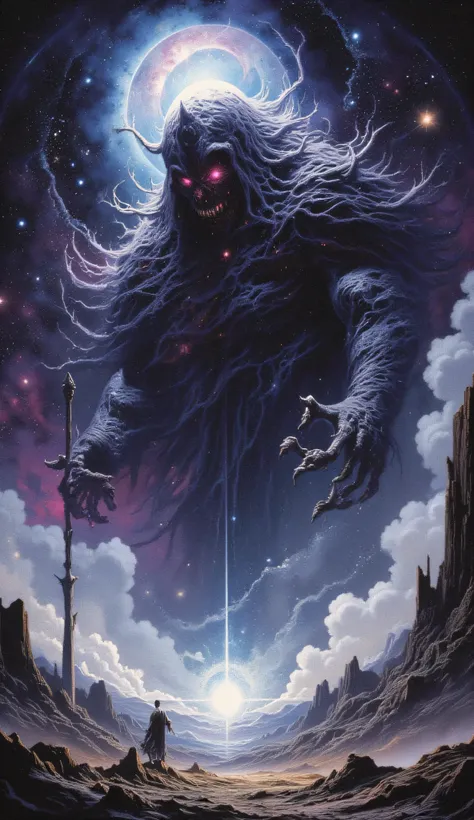 Colossal entity of swirling darkness, its form constantly collapsing and reforming. Wields a scythe that bends reality, standing atop a crumbling planet. Stars die in its wake, and skeletal hands claw from its shadow. Eyes like supernovae glare from the ab...