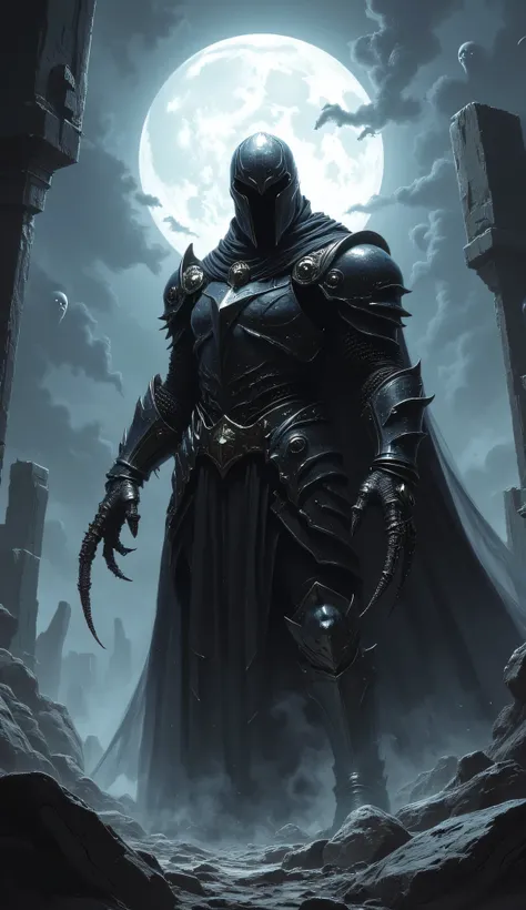 Sinister knight in sleek, pitch-black armor that drinks in light, helmet with a featureless obsidian visor. Clawed gauntlets dripping with shadowy residue, wielding Umbral Claws that tear reality into ribbons. Standing in a moonlit graveyard of shattered m...