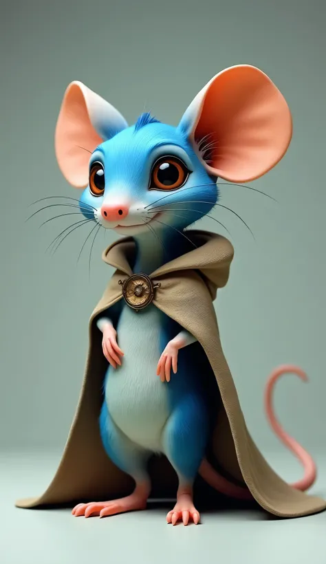 A blue striped mouse with an elongated face and a lead cape