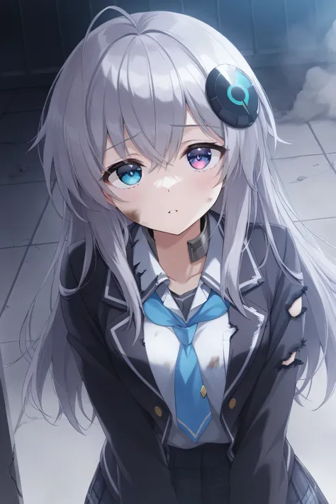 1 girl, game CG ,damaged school uniform, dystopia world, dust on the face