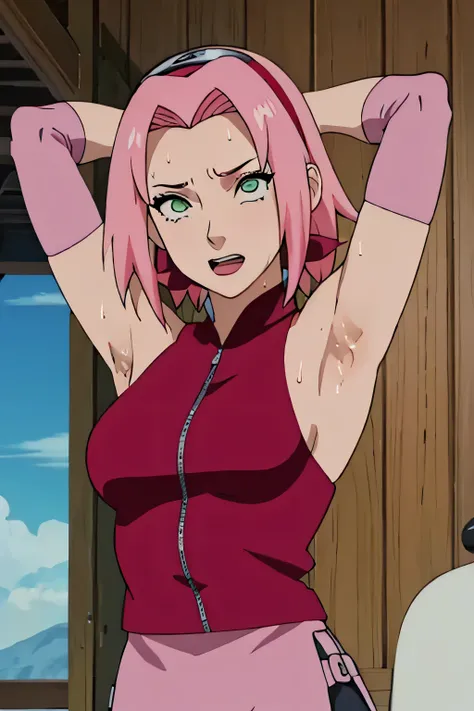 Sakura Haruno,human woman with fair skin.with green eyes and red clothing. Her hair is long and pink in color; She is beautiful. Fair skin.Tsundere face. Pink eye shading,mature appearance,armpits,sweat,sweaty,sweaty armpits,arms up,showing armpits,awesome...