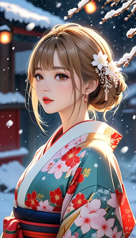 ((( Masterpiece))),  Piercing,illustration,4K wallpaper,Cinema lights,absurd, 1 girl,(snow,Ice),snow flower,In winter, Light Brown Hair, brown eyes,Shiny hair,Straight hair,kimono,Vent,Laz,kimonoสีทอง, out of _shoulder,Hair tie, Masterpiece,  snow flower d...