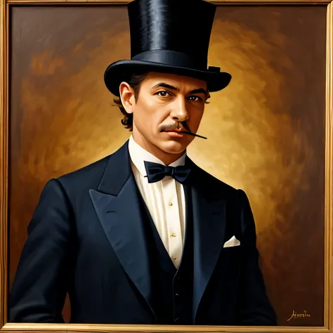 painting of a crocodile man in a top hat and suit with a cane, 