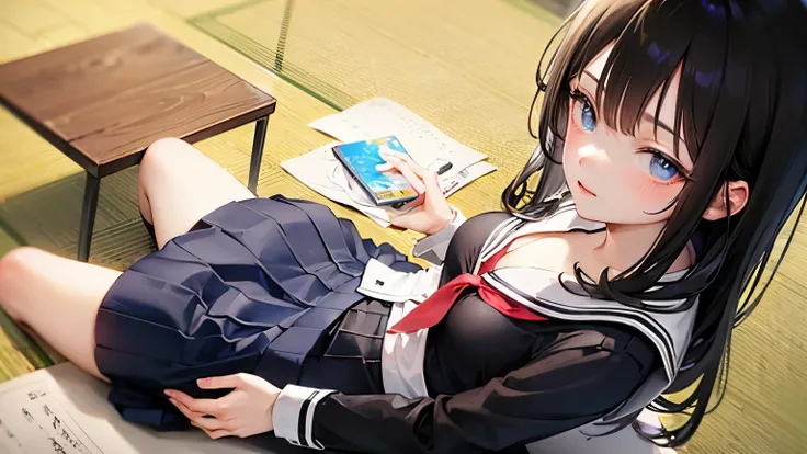 sitting down in japanese style on floor, looking up at you , wearing school uniform with maid outfit on top, hands behind the back, blind fold on eyes