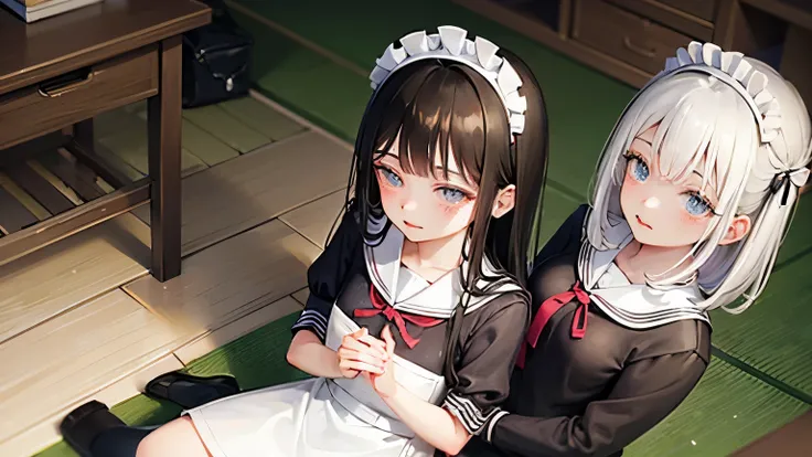 sitting down in japanese style on floor, looking up at you , wearing school uniform with maid outfit on top, hands behind the back, blind fold on eyes