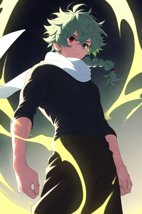 solo, male, muscle, slim, mint green hair, messy hair, single braid, heterochromia, red eyes, green eyes, black shirt, baggy brown pants, white scarf, standing, yellow aura, aura lining body, serious,