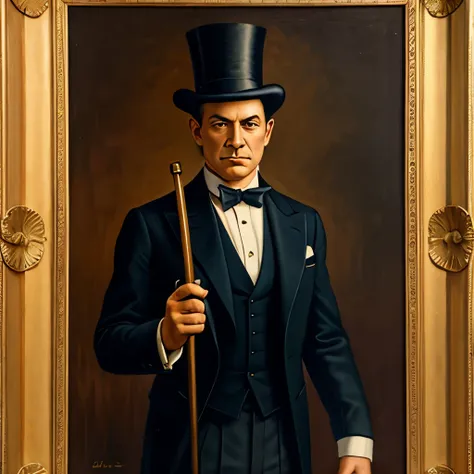 painting of a crocodile man in a top hat and suit with a cane, 