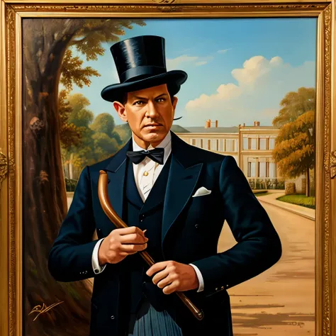 painting of a crocodile man in a top hat and suit with a cane, 