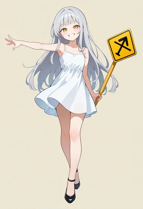 solo,silver long hair,bangs,cute face,flil dress,piece sign,fullbody,good cool model pose,grin