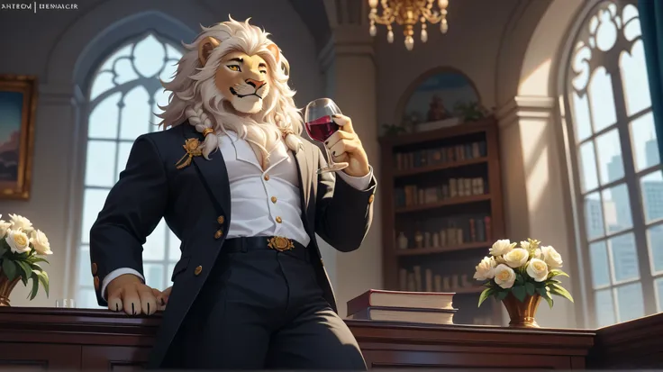 (solo), anthro male, Lion, majestic mane, yellow eyes, debonair, tail, Long yellow and white hair, regal hair, detailed fluffy fur, white chest, decorative uniform, flowers on shoulder, braided hair, multiple braids, black and gold tuxedo, flowers on tuxed...