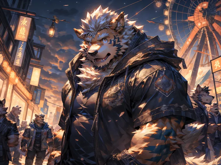 hairy, arcanine, Gaze upward at Ferris wheel, curious, Surprised, open hoodie, masterpiece, (16K), HD, Various facial details, detailed background, very detailed, dynamic poses, Eyes details,  high resolution, high quality, correct anatomy, at night, carto...