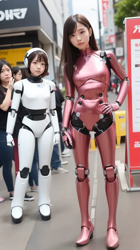 cyborg, pink there, Silver, Metallic body, Robot Parts, Metal Parts, Super Detailed Face, Super well-formed face, of the highest quality, a small face, a small head, full body, Brown hair, Slender body, Camera gaze, Internal Mechanical Exposure, Idol, Well...