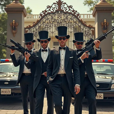 group of Guys in fancy suits and top hats holding m16 rifles infront of a francy gated mansion attacking police cars