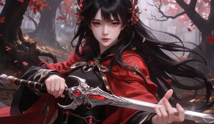 A mystical warrior in a dark, enchanted forest bathed in hues of red and pink. She wields an ornate, silver sword adorned with glowing crimson gems, exuding an aura of both elegance and power. Her long, flowing black hair contrasts with her striking red cl...