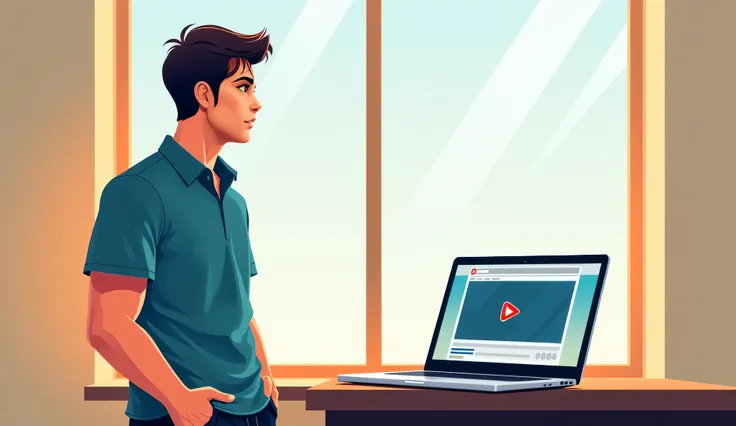 Vector illustration of John looking out a window with his laptop open on the desk behind him, displaying a paused tutorial video on 'How to Start a Freelance Business.' His hands are in his pockets, and his expression suggests deep thought, as if weighing ...