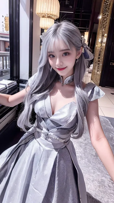     pretty woman,      silver white hair   ,      pretty eyes ,    Smile,  Actual , Full HD,    very beautiful dress  ， Fluffy Dress  ， Curved Body，Magnificent views ， gorgeous decoration ，Long gown，中国发髻，Kim Day 