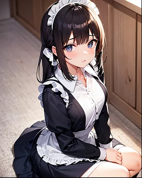 sitting on floor looking up at you , wearing school uniform with maid outfit also , school girl maid, hands behind the back, pov look at you up while sitting