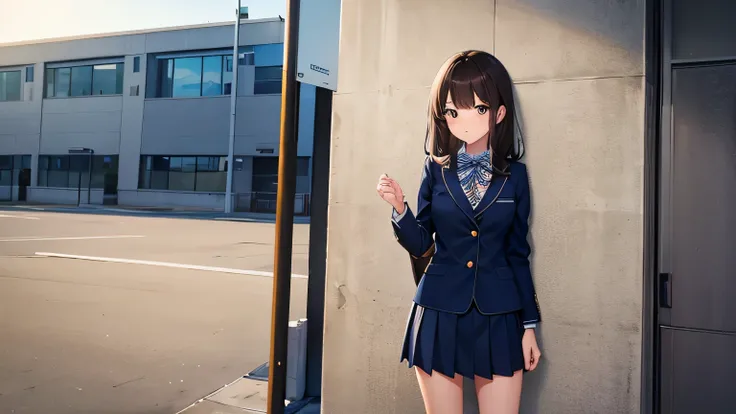 Highest image quality. Fine details. A girl. A tall beautiful girl is standing in a school building. She has short dark brown hair. Her eyes are dark brown and she looks slightly shy. She is wearing a navy blue blazer uniform, navy blue pleated skirt, navy...