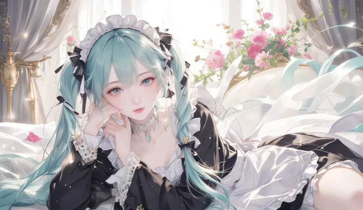A beautiful anime girl dressed in an elegant maid outfit with intricate lace and ribbon details. Her long, flowing turquoise hair is styled with twin braids and adorned with black and white bows. She rests on a luxurious bed in a brightly lit, ornate room ...