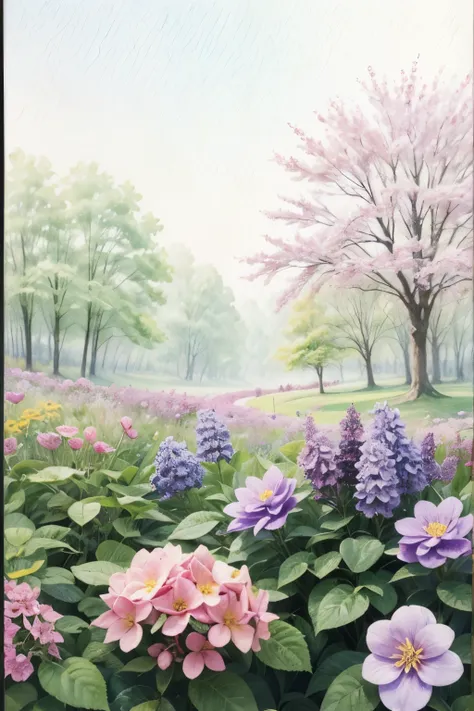  Create a background for an enchanted garden watercolor bible cover, with predominant colors , rosa, lilac, yellow and green.