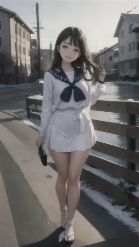 Perfect composition, Proper placement, Golden Ratio, masterpiece,  best quality,  high definition ,  one  Girl, Cute Girl, full body focus, full body shot, view the viewer, smiling, standing,  Wearing a Japanese High School Sailor Suit:1.331, Winter Long s...