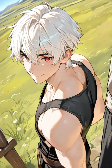 ((Best Quality)) ((Masterpiece)) (Detail),one character, a male character, one character ,High angle , half body, handsome, smiling face with a slight smile, beautiful red eyes, short hair, white hair, black eyebrows, medieval black tank top ,. medieval ma...