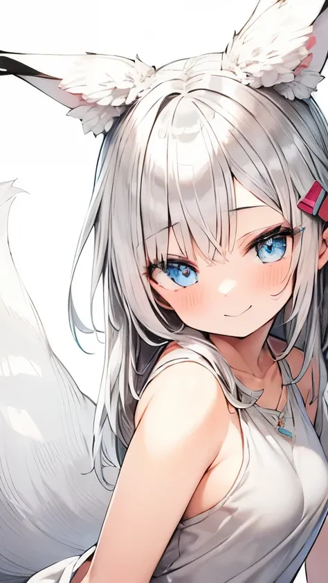 (1Girl in :1.4),(Silver Floppy Fox Ears:2),(Petite Anime Girl:1.2),(Silver hair:1.2),(Semi Long hair),(Loose Sideburns:1.2),BREAK,(blue eyes:1.2),BREAK,(Pink-Fringe-Clip:1.2),Smile,Close-up,Facing Directly Forward