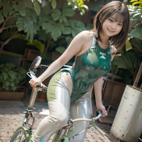 ((Japanese two Girls)),  (smile:1.5), White teeth,  (all girls tight shining-green bicycle suits:1.5), shiny skins, nudity, on the cross bikes, (shining-green low rise short spats:1.5), high leg,  ((smile)), (ultra long silver hair:1.4), Outdoor, ((Thighs)...