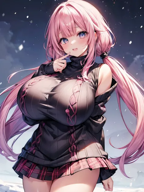  beautiful eyes,とてもかわいいface, Beautiful Japanese Girl,( solo girl),(gigantic breasts),( Laugh with your mouth wide open ,Happy expression),( Pink Hair ,Cross Bangs ),(pink low twintails hair),( big light blue eyes),View Viewer,break,(black sweater,black swe...