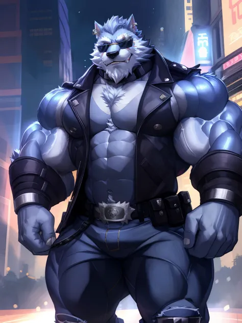 Freddy(Dislyte ),man-lobo,man,adult,Alone,4k, best quality skirt, Looking at the audience,,walk, hairy body,bushy tail,Busty upper body, Chest muscles, marked abs ,bíceps, anatomically correct,delicate fur, pride ,soft shadow, majestic,  blue skin  , high ...