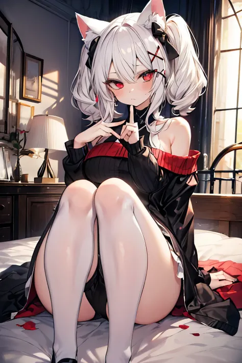 masterpiece,  8k, Cat ears, White hair, Red eyes, Twintail hair,   Beautiful girl,
(while Lingery:1.3),
Bedroom,
cowboy shot, (x fingers:1.5), legs up, knees,crose,