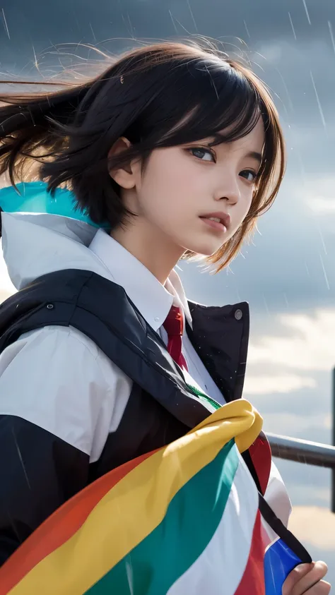 A 16-year-old woman with short black hair holds onto a colorful rainbow flagpole, which is about to be blown away by a strong crosswind and rain. She is on top of a roof. Clouds are moving fast with the wind and rain. The scene is rendered in a vibrant, hi...