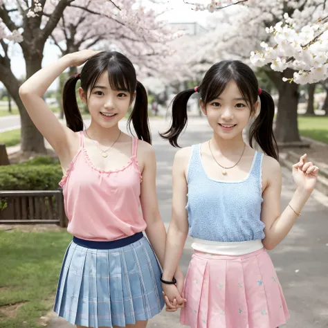 two 日本人女性 in posing for a picture in the park, cherry blossoms in full bloom, kawaii decoration, morning, summer, Tumbler, Tachismo,  japanese girl, ( middle school student:1.5),  young skinny gravure idol, showing their armpits to the viewer together,  th...