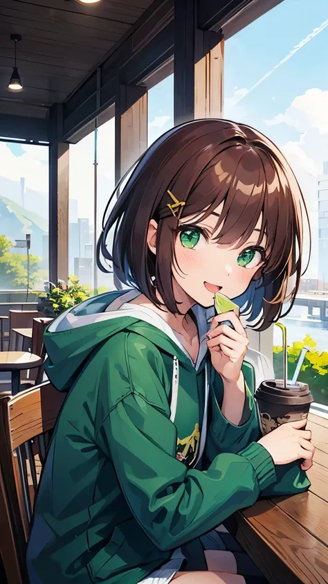  1 girl in the best, Older sister, high resolution, chest,  shortcuts, reddish brown bob hair , mustard colored hoodie, emerald green eyes,  anime illustration, character design drawing ,Sit on a chair and drink coffee at a cafe full of nature,whole body,L...