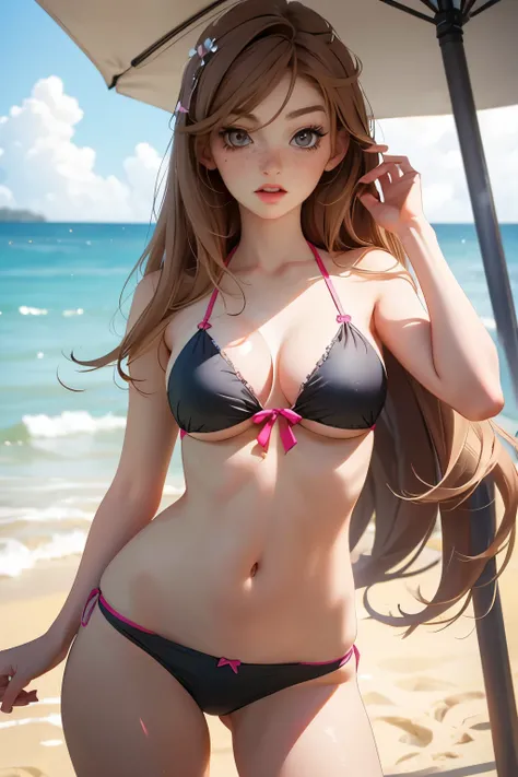  Very pretty girl  . She is 28 years old .  Breast size 3  . height 180 cm .  light grey eyes  .  she is shy   .  in a bikini on the beach  . 