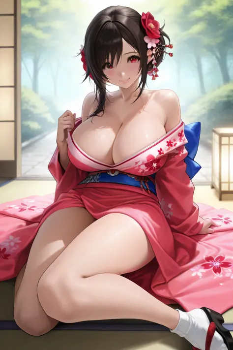  Final Fantasy、Tifa、 kimono、 huge breasts 、、 whiplump thighs、smile、full body, beautiful eyes, best quality, master piece