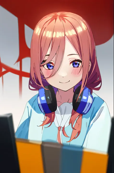   best image quality、  highest resolution、formula wallpaper、  simple background、  full body portrait  、
  one girl、The Quintessential Quintuplets、 Nakano Miku、 Headphones around the neck 、 school uniform  、smile、