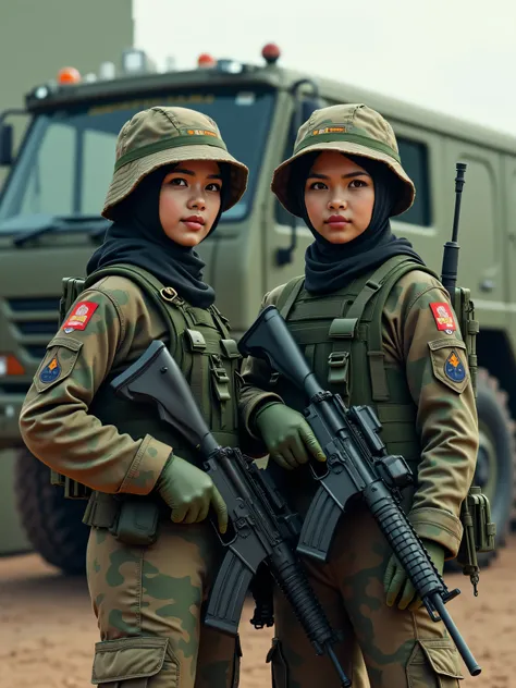 A malaysian army girl named amirah from unit WATANIAH, wearing complete digital clothe holding M16, wear jungle hat, standing front of digital hicom truck with her bestfriend named syahfika