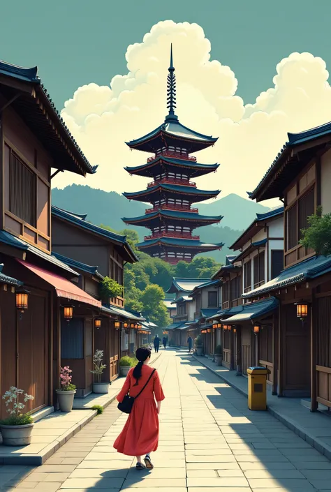 There is an Arafedo pagoda in the distance、A woman is walking down the street, Torii Kiyomasu's picture ,  Shutterstock , ukiyo-e, Kyoto japan setting, Kyoto, Kyoto inspired,  Deeper travel exploration in Japan,  Japan Travel and Tourism  ,   ancient Japan...