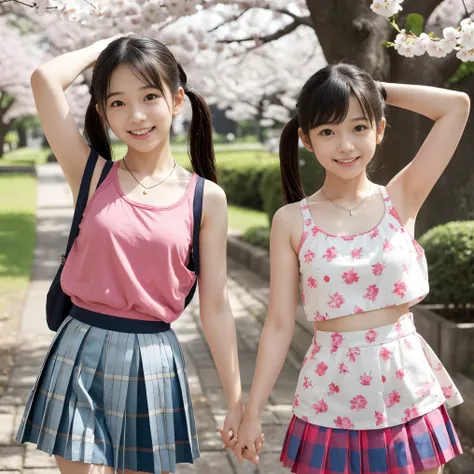 two 日本人女性 in posing for a picture in the park, cherry blossoms in full bloom, kawaii decoration, morning, summer, Tumbler, Tachismo,  japanese girl, ( middle school student:1.5),  young skinny gravure idol, showing their armpits to the viewer together,  th...