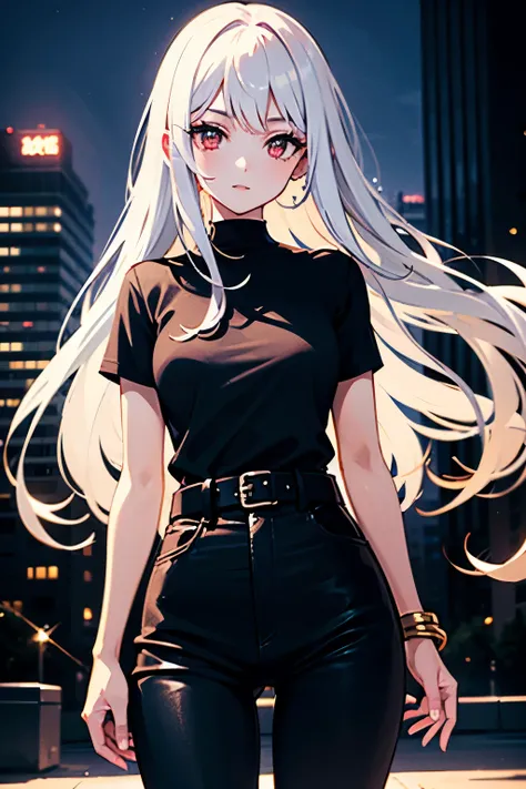 1girl, anime, beautiful woman, sparkly red eyes, long white hair, wearing black attire, black pants, warrior, small chest, modern city background, belted waist