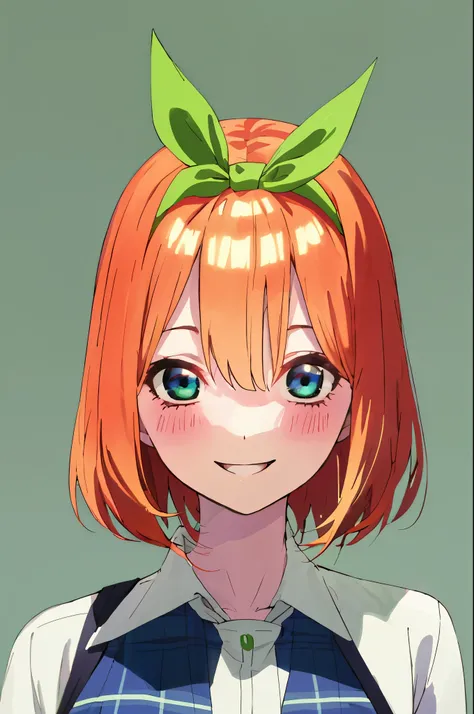   best image quality、  highest resolution、formula wallpaper、  simple background、  full body portrait  、
  one girl、The Quintessential Quintuplets、 Nakano Yotsuba、 green ribbon、 school uniform  、smile、